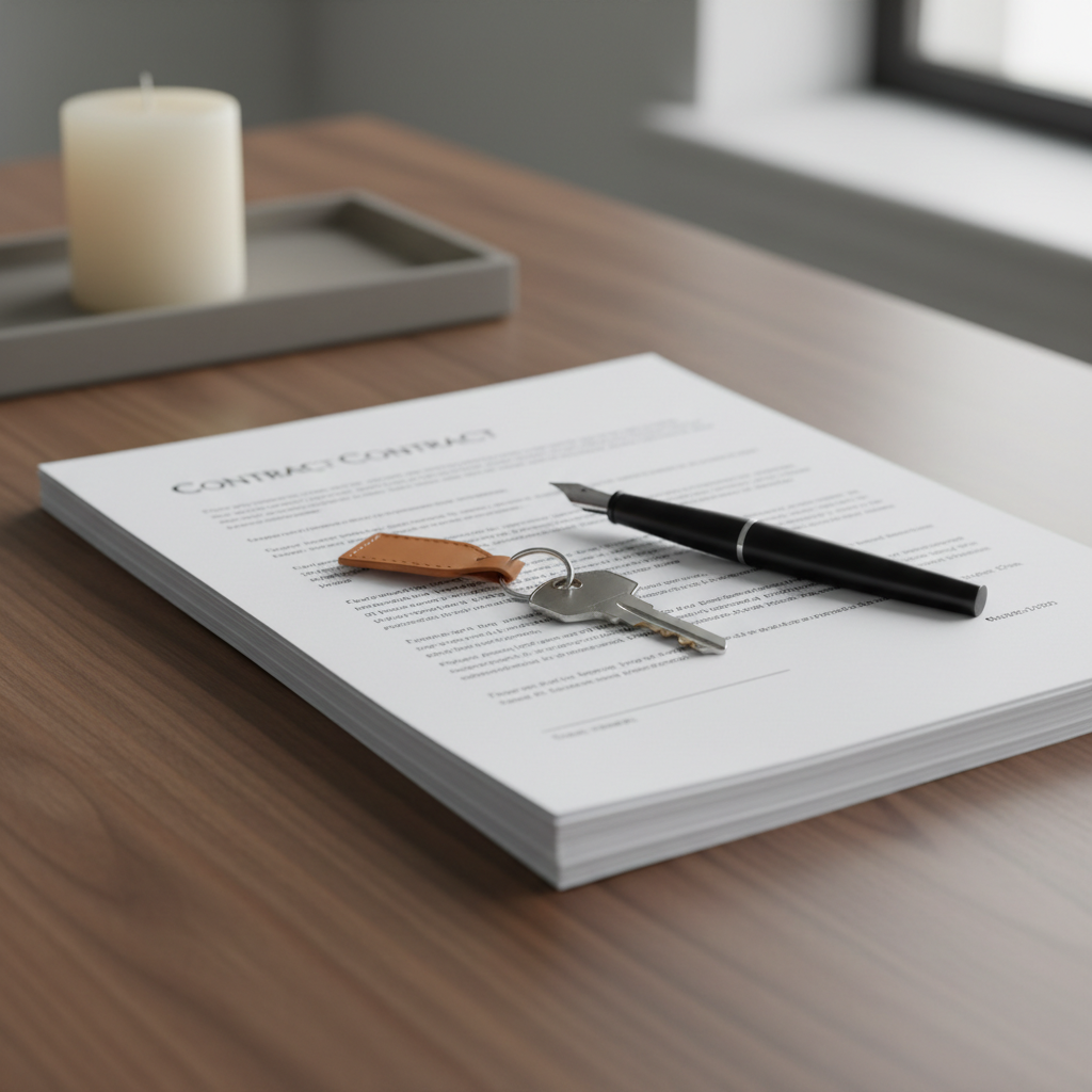 A tastefully arranged closing table scene symbolizing a successful real estate transaction, featuring a stack of crisp, white contract pages neatly aligned on a rich walnut tabletop with a satin sheen. On top lies a slender, matte-black fountain pen and a small, polished metal key on a simple leather keyring in warm tan. In the background, slightly out of focus, sits a muted gray ceramic tray with a single minimalist candle. Soft, diffused daylight from the right gently illuminates the paper texture and creates subtle reflections on the key head. The mood is composed, celebratory, and professional. Shot from a slightly overhead angle with shallow depth of field, the composition feels clean, orderly, and luxurious, reinforcing negotiation prowess and attention to detail in a modern real estate setting.