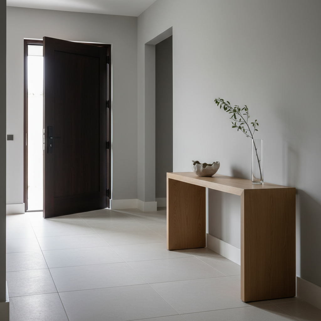 A meticulously styled entry foyer of a luxury home, showcasing a dark-stained solid wood front door with sleek matte-black hardware, opening into a hallway with pale limestone flooring and soft gray walls. A minimalist console table in light oak holds a single sculptural ceramic bowl and a slender glass vase with one branch. Muted, diffused daylight filters in from an unseen side window, creating subtle gradients of light along the hallway and a gentle shadow beneath the console. The mood is polished and welcoming, with an emphasis on clean lines and understated elegance. Captured from a slightly elevated angle, the perspective leads the eye inward, suggesting arrival and first impressions in a modern, photographic, real-estate aesthetic.