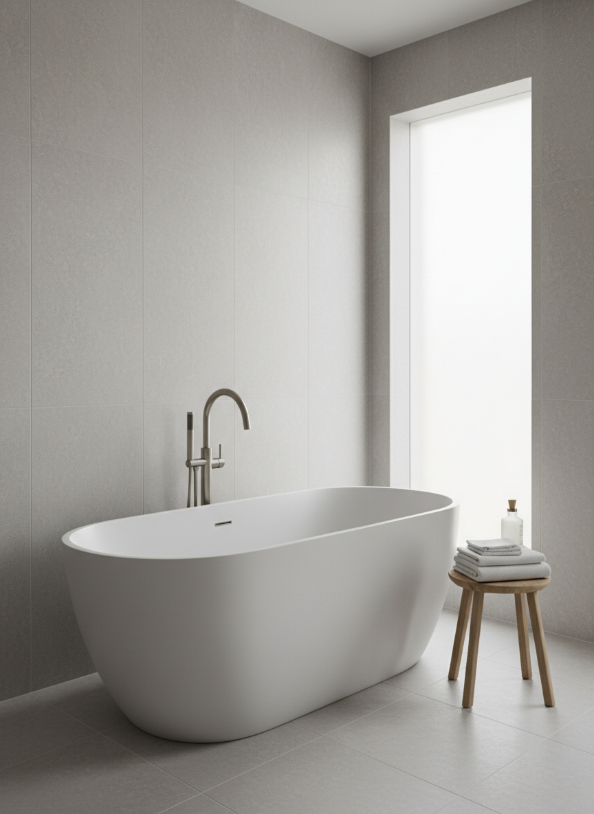 A tranquil, spa-like primary bathroom designed to convey luxury, featuring a freestanding matte-white soaking tub with smooth, sculptural curves set against a wall of large-format, pale gray stone tiles with minimal grout lines. A slim, floor-mounted brushed-nickel tub filler arcs elegantly over the tub. Beside it, a low wooden stool in light oak holds a neatly folded stack of white towels and a single small glass bottle. Soft, diffused daylight enters from a frosted window, washing the surfaces with a gentle glow and casting barely-there shadows. The muted palette of whites, grays, and light wood feels serene and refined. Photographed from a slightly elevated corner angle with a minimalist composition and photographic realism, the scene communicates high-end comfort and understated elegance in a luxury home.