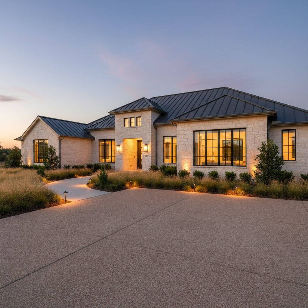 An exterior twilight view of an upscale suburban Texas home, emphasizing clean architectural lines and warm curb appeal. The house features light limestone cladding, charcoal metal roofing, and expansive black-framed windows glowing softly from within. The front landscaping includes manicured native grasses and small sculpted shrubs bordered by a smooth concrete walkway. The sky transitions from pale blue to muted lavender, with subtle gradients that complement the home’s neutral tones. Integrated path lighting casts gentle pools of warm light across the driveway, creating refined, inviting shadows. Captured from a slightly low, three-quarter angle to enhance presence and symmetry, the image uses photographic realism and a minimalist composition to evoke calm luxury, ideal for high-end real estate marketing around Keller and Southlake.