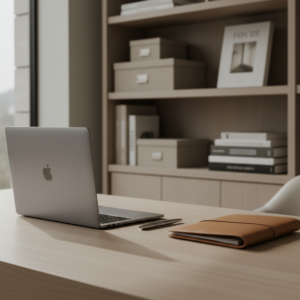 A refined home office setup tailored for a real estate professional, featuring a slim, matte-silver laptop on a pale oak desk with a smooth, satin finish. Next to it, a closed leather-bound property portfolio in warm taupe rests beside a single chrome pen. The backdrop is a softly blurred built-in shelving unit with neatly arranged neutral-toned storage boxes and architectural books. Soft overcast window light enters from the left, casting delicate shadows and a gentle highlight along the laptop edge. The color palette is muted beige, stone, and cool gray, reinforcing a sophisticated, business-savvy atmosphere. Framed in a medium shot at eye level with shallow depth of field, the composition feels organized, minimal, and quietly luxurious, echoing a modern real estate brand.